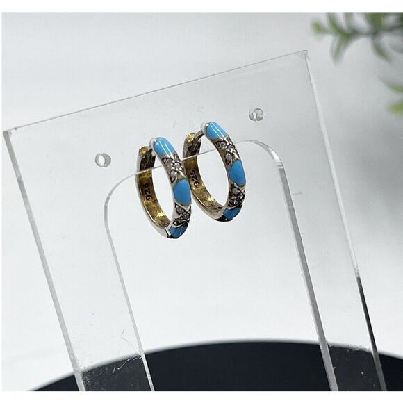 Blue Turquoise Pave Crystal CZ Gold Vermeil 925 Small Huggie Hoops‎ - Picture 2 of 15